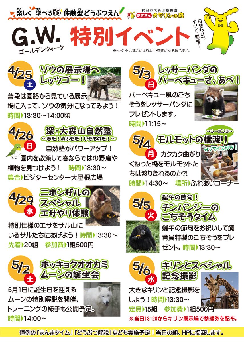 【ゴールデンウイークは大森山動物園へ！】
今年も日替わりで特別イベントを開催します✨
また、飼育員が撮影した動物たちのとっておきの写真を100枚以上展示しますので、お楽しみに！

詳しくは、ホームページをご確認ください。
city.akita.lg.jp/zoo/news/10088…