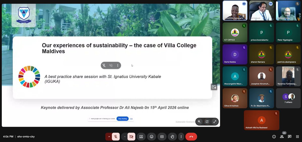 VillaCollegeMv's tweet photo. Villa College was pleased to share its expertise on sustainability through an engaging online webinar delivered by Vice Rector, Dr Ali Najeeb for St. Ignatius University Kabale (Uganda).

Titled “Villa College Maldives’ Best Practices in Sustainability,” the session highlighted key initiatives undertaken by the College to promote sustainable practices across its operations, reinforcing the value of strategic and meaningful sustainability work.

The webinar was attended by members of the University Council of St. Ignatius University, Kebale, fostering meaningful dialogue and exchange at an institutional level. A key takeaway from the session was the importance of aligning sustainability initiatives with the unique context of each institution—recognising the role of community, culture, and existing strengths in shaping impactful and lasting outcomes.

The session concluded with an interactive Q&A, where Dr Najeeb addressed questions from participants, ending on a positive note with shared interest in future collaborative engagements.

This initiative also contributes to the advancement of Sustainable Development Goal 17 (Partnerships for the Goals), highlighting the importance of global collaboration, knowledge sharing, and institutional partnerships in driving sustainable development.

Villa College remains committed to fostering knowledge exchange and international partnerships in pursuit of a more sustainable future.