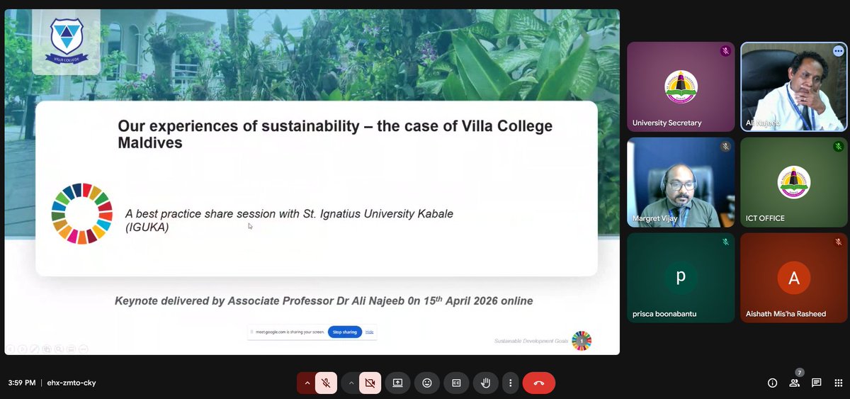 VillaCollegeMv's tweet photo. Villa College was pleased to share its expertise on sustainability through an engaging online webinar delivered by Vice Rector, Dr Ali Najeeb for St. Ignatius University Kabale (Uganda).

Titled “Villa College Maldives’ Best Practices in Sustainability,” the session highlighted key initiatives undertaken by the College to promote sustainable practices across its operations, reinforcing the value of strategic and meaningful sustainability work.

The webinar was attended by members of the University Council of St. Ignatius University, Kebale, fostering meaningful dialogue and exchange at an institutional level. A key takeaway from the session was the importance of aligning sustainability initiatives with the unique context of each institution—recognising the role of community, culture, and existing strengths in shaping impactful and lasting outcomes.

The session concluded with an interactive Q&A, where Dr Najeeb addressed questions from participants, ending on a positive note with shared interest in future collaborative engagements.

This initiative also contributes to the advancement of Sustainable Development Goal 17 (Partnerships for the Goals), highlighting the importance of global collaboration, knowledge sharing, and institutional partnerships in driving sustainable development.

Villa College remains committed to fostering knowledge exchange and international partnerships in pursuit of a more sustainable future.