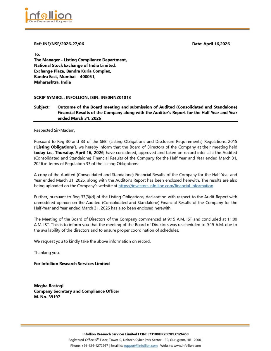 nileshkurhade's tweet image. 📌 Infollion Research Services Limited informed the exchange about its approval for the financial results for the period ended March 31, 2026. #SME #INFOLLION 📄🧾