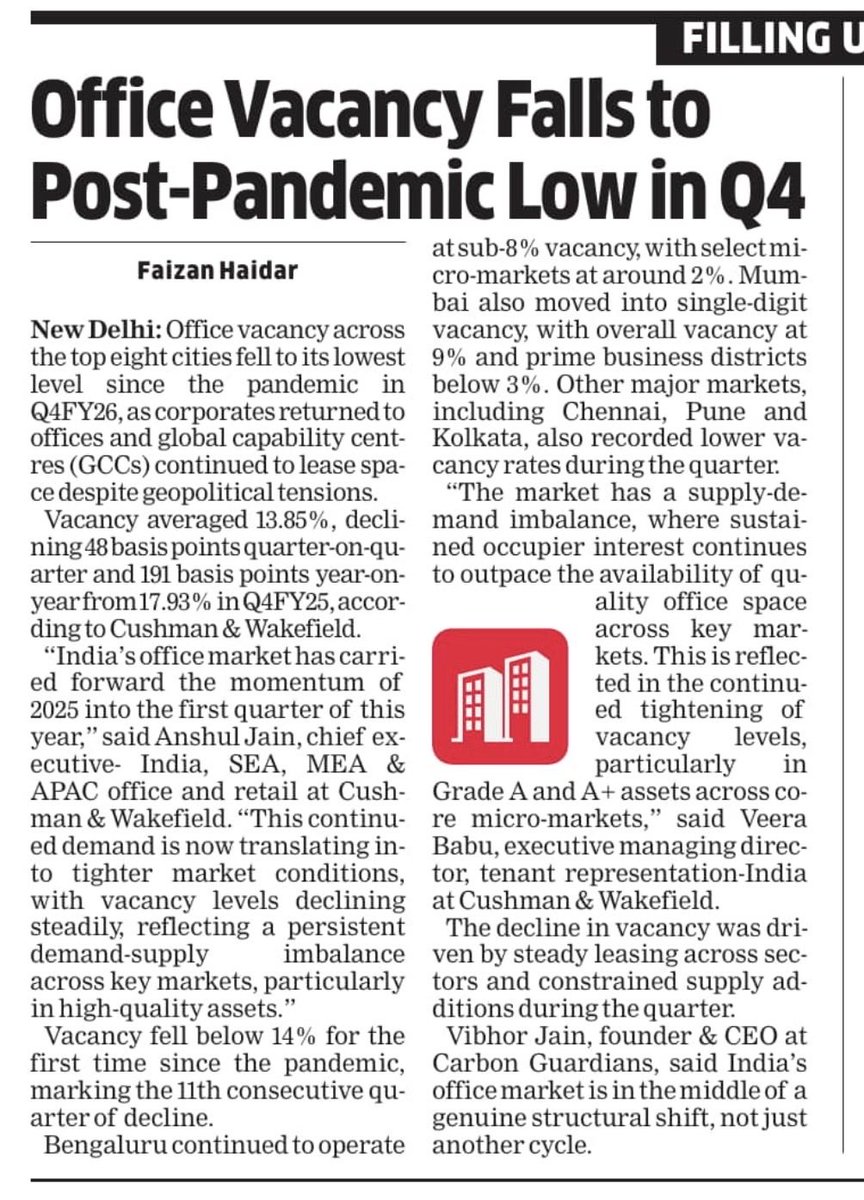 FaiHaider's tweet image. #GCCs continued to anchor demand, leasing 8.7 million sq ft and accounting for nearly 40% of total #office take-up. GCC leasing rose 38% year-on-year, making Q4FY26 the second-highest quarterly GCC leasing volume on record.

m.economictimes.com/industry/servi…