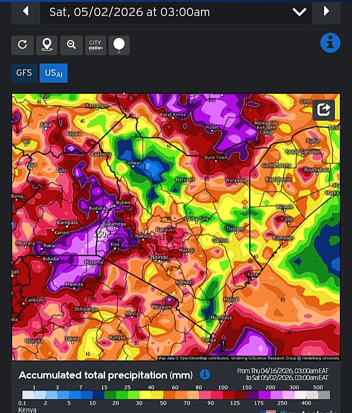 MaithyaVilivu's tweet image. The peak of the MAM rainy season in #Kenya normally occurs in the last two weeks of April. 
As we enter the second half of the month, medium range weather forecasting models output graphics depict heavy to very heavy rains in most Counties of #Kenya within the two weeks ending