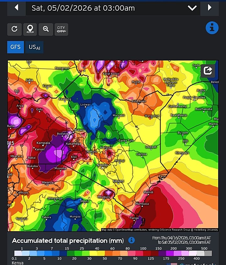 MaithyaVilivu's tweet image. The peak of the MAM rainy season in #Kenya normally occurs in the last two weeks of April. 
As we enter the second half of the month, medium range weather forecasting models output graphics depict heavy to very heavy rains in most Counties of #Kenya within the two weeks ending