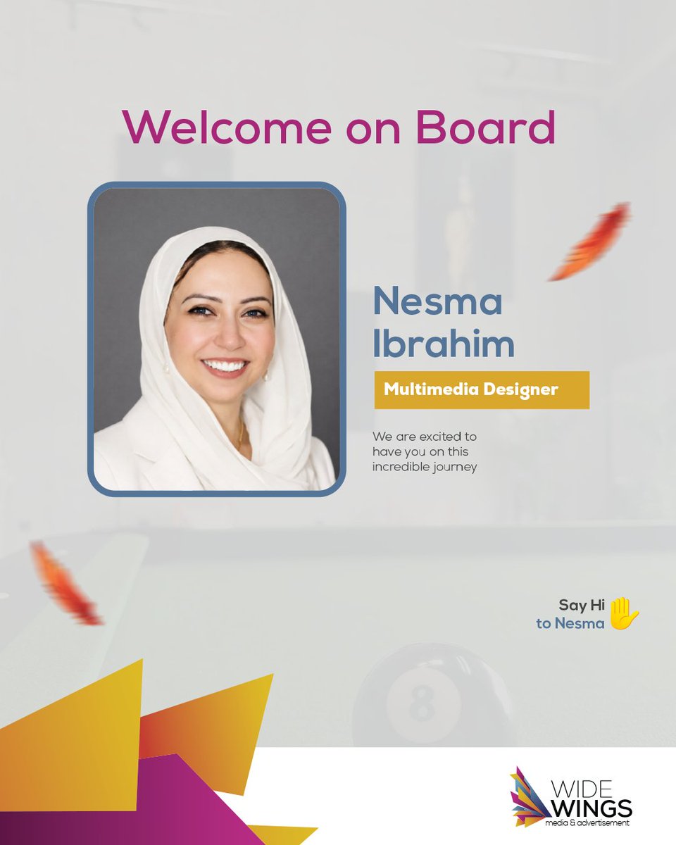 Wide_WingsMedia's tweet image. We are excited to announce that Nesma Ibrahim has joined Wide Wings Media &amp;amp; Advertising as our newest multimedia designer. Welcome to the team, Nesma!

#MeetTheTeam
#Create #Connect #Captivate
#WelcomeOnBoard #NewTeamMember #TeamGrowth #WideWingsFamily
#ReemHolding