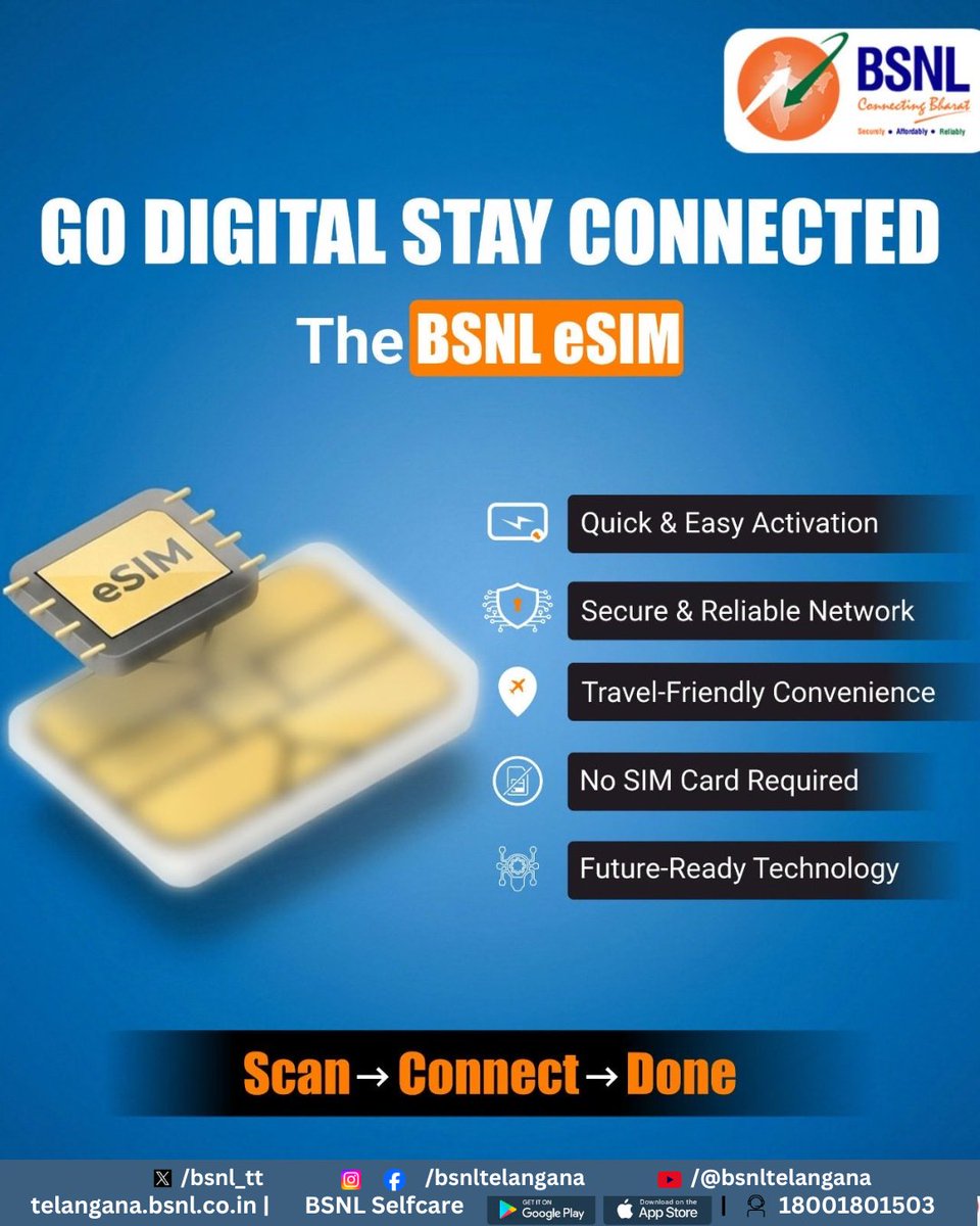 bsnl_tt's tweet image. Step into the future of connectivity with BSNL eSIM 🚀

Designed for a world that moves fast, smarter, and seamless.

✨ Quick &amp;amp; easy activation
📱 No physical SIM needed
🔒 Secure &amp;amp; reliable network

Upgrade your mobile experience today with BSNL eSIM!

#BSNL #eSIM #DigitalIndia