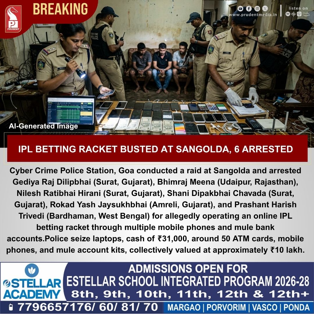 prudentgoa's tweet image. IPL BETTING RACKET BUSTED AT SANGOLDA, 6 ARRESTED 

#Goa #Crime #IPLBetting #BreakingNews