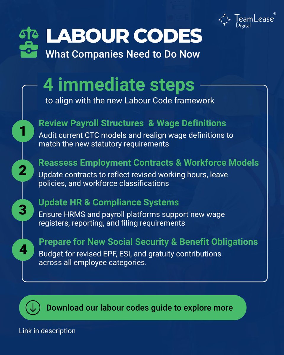 TeamLeaseDGT's tweet image. India’s new Labour Codes aren’t “coming”, the clock is already running.

Here are four immediate steps to help align your organisation

Download our Labour Codes guide now: lnkd.in/gTNJnHgy

#LabourCodes #HRCompliance #WorkforceStrategy #TeamLeaseDigital #PayrollCompliance