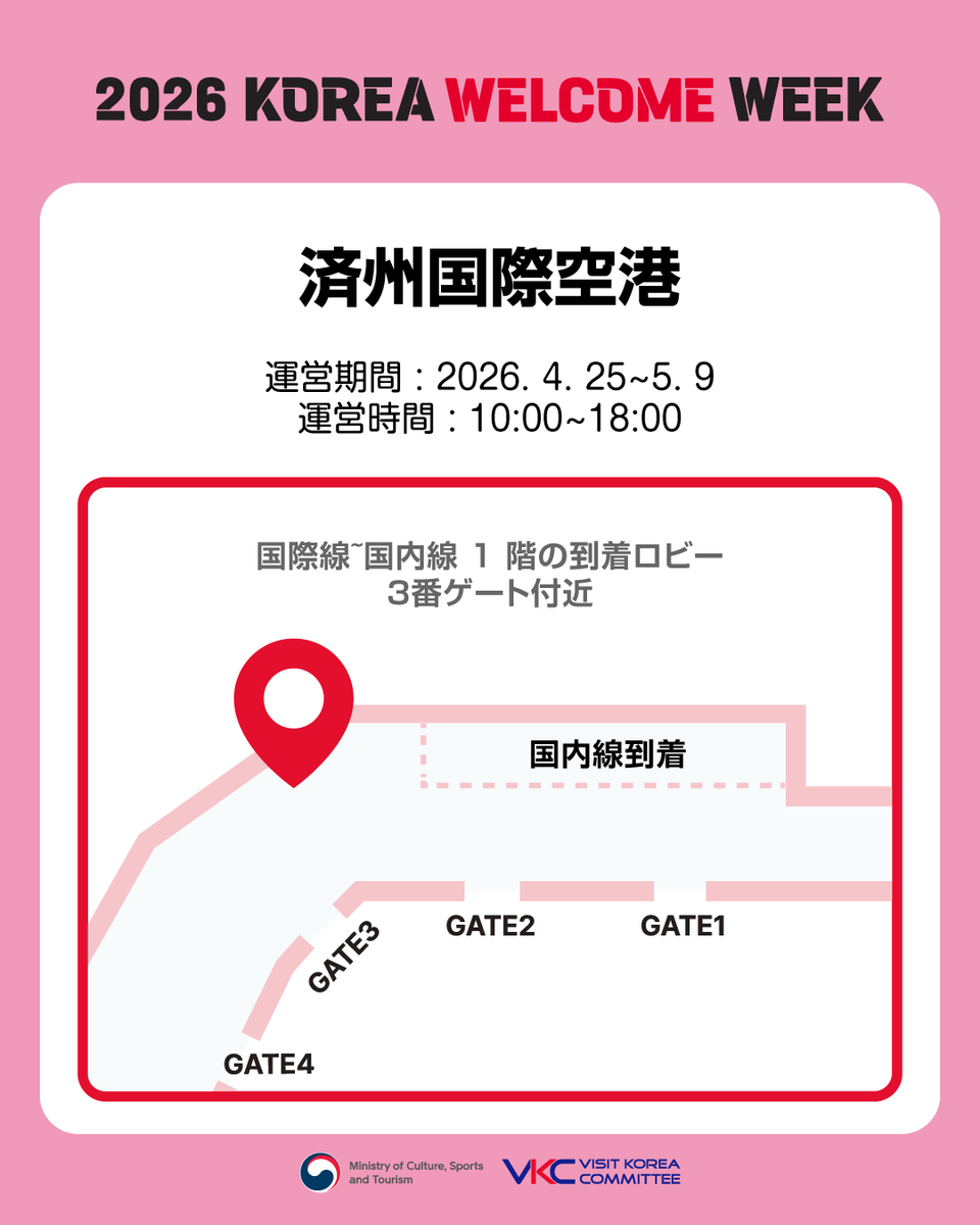 kto_fukuoka's tweet photo. ✨ 2026 コリア・ウェルカム・ウィーク ✨

韓国を訪れる全世界の皆さま、ようこそ！
ウェルカムブースで、旅行中に楽しめるグルメ・ショッピング・体験・決済など、様々な分野の特典やイベントをぜひチェックしてください！

📅期間： 2026年 4月 24日(金) ~ 5月 9日(土)
📍場所： 仁川国際空港、済州国際空港
📍 体験イベント
〇[Scent of Korea] 伝統茶の香り体験
〇 [K-Food Photo Zone] K-フード＆スナックで彩られたフォトゾーン
〇[Lucky Roulette] 参加者全員プレゼント！ハズレなしの景品イベント

韓国の香りと楽しさがあふれるウェルカムウィークブースへ、ぜひお越しください！

👉詳しくはこちら：https://t.co/64dAarOnqF

#KoreaWelcomeWeek #WelcomeToKorea #韓国旅行 #韓国好き #韓国文化体験 #韓国フォトスポット #韓国観光