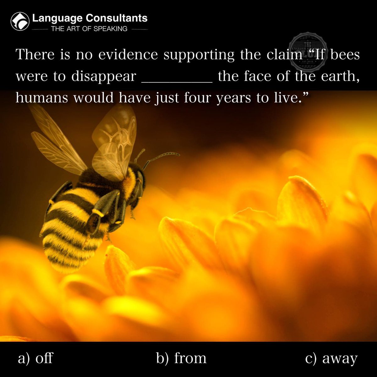 grammar_club's tweet image. A common English expression for today’s gap fill 🐝

There is no evidence supporting the claim: “If bees were to disappear ______ the face of the earth, humans would have just four years to live.”

a) off
b) from
c) away

Which answer is correct?
#LearnEnglish #TheArtOfSpeaking