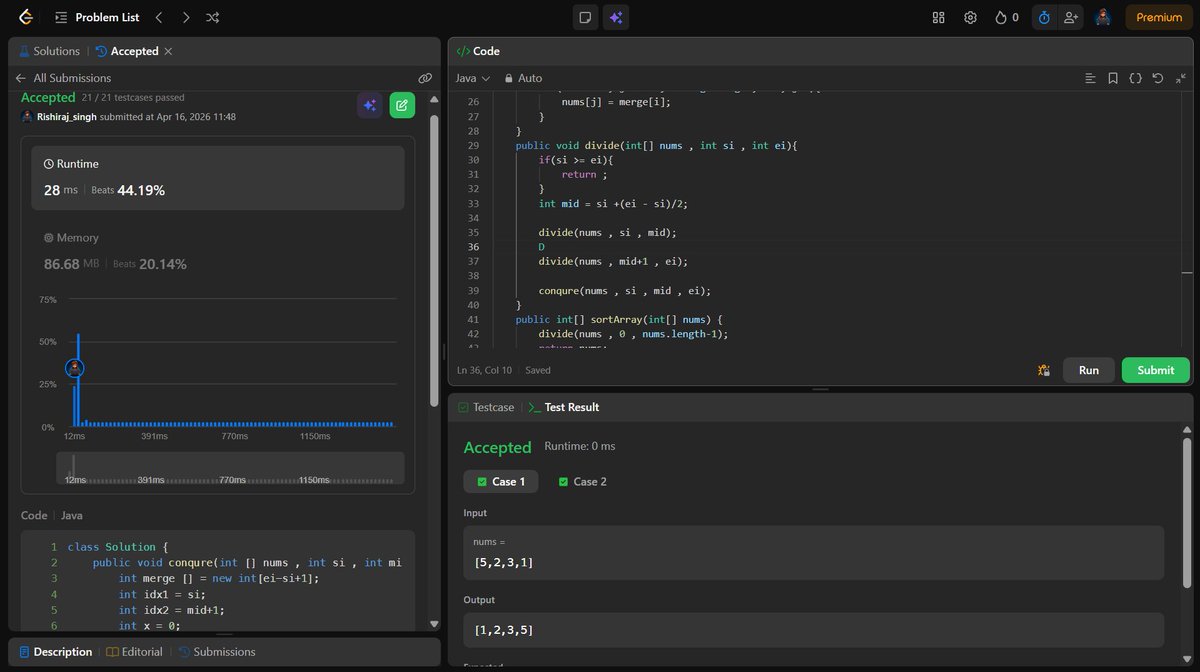 RishirajSingh_X's tweet image. Day 149 of #100DaysOfCode ✅
Implemented Merge Sort 🧠
Used divide and conquer approach 🔁
Strengthened recursion + sorting concepts 💪
#DSA #Sorting #MergeSort #CodingJourney