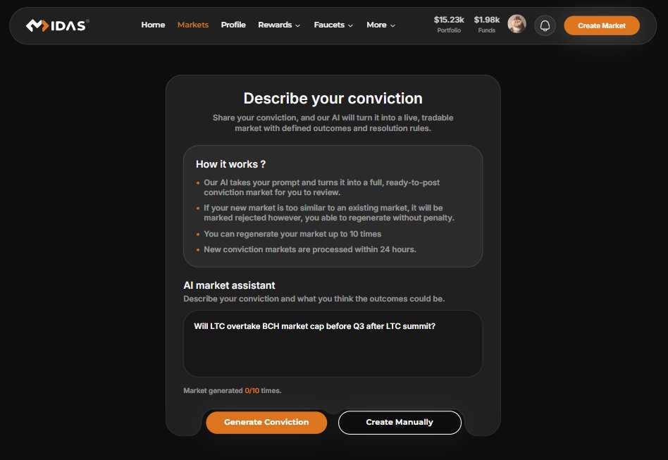 MidasHandxyz's tweet photo. How to create your own Conviction / Prediction Market via #MidasPredict on @LitecoinVM ?

Step 1 : Go to https://t.co/YoA88g74un
Step 2 : Key in what you would like to create with Ai Assistant with "Generate Conviction" or alternatively you can create manually.
Step 3 : Check all details, upload conviction photo
Step 4 : Click "Accept Conviction" and then Accept the timing
Step 5 : Seed liquidity to your conviction, minimum 500 $USDC, the higher your seeding liquidity the better trading experience and the better trading volumes on the go
Step 6 : Choose your creator fee / trading fees raging from 0 to 2% as creator reward
Step 7 : Click "Submit" and your conviction will be approved by our system / admin / AI within 24 hours.