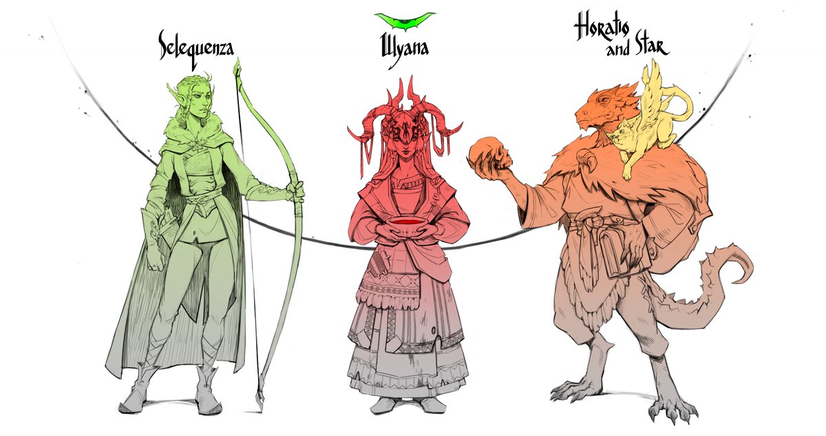 triggerhippie8's tweet photo. my D&amp;D party: elven huntress Selequenza, Ulyana (I’m not really sure how to describe what she does, she is a lot and she is a dhampir), and Horatio, a scholar, a person of learning, with his magic cat named Star https://t.co/FdgPCNkpYx