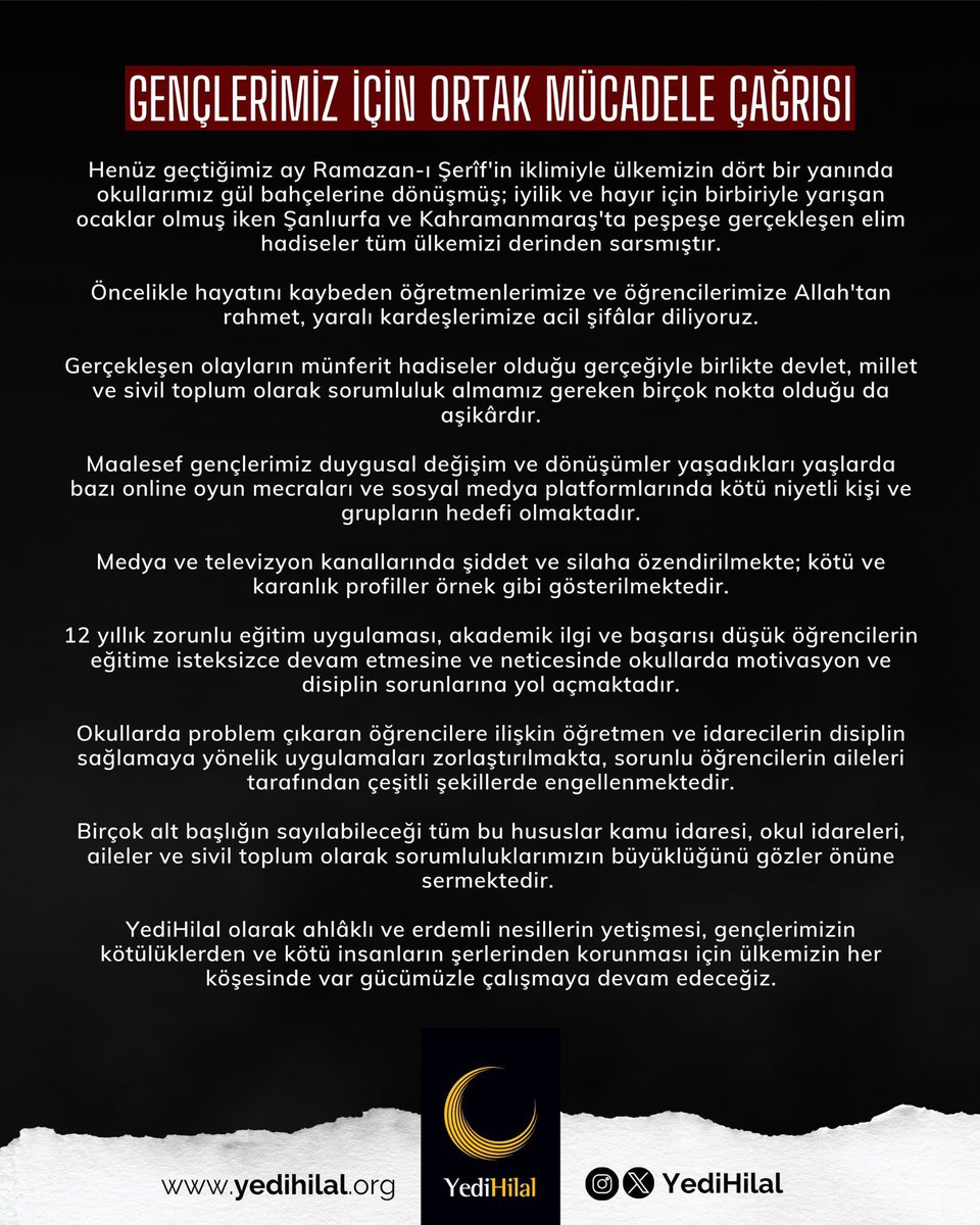 GENÇLERİMİZ İÇİN ORTAK MÜCADELE ÇAĞRISI