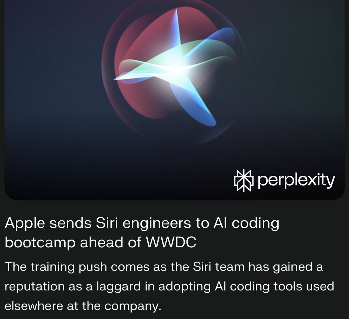 Perplexity news card showing Apple sends Siri engineers to AI coding bootcamp ahead of WWDC