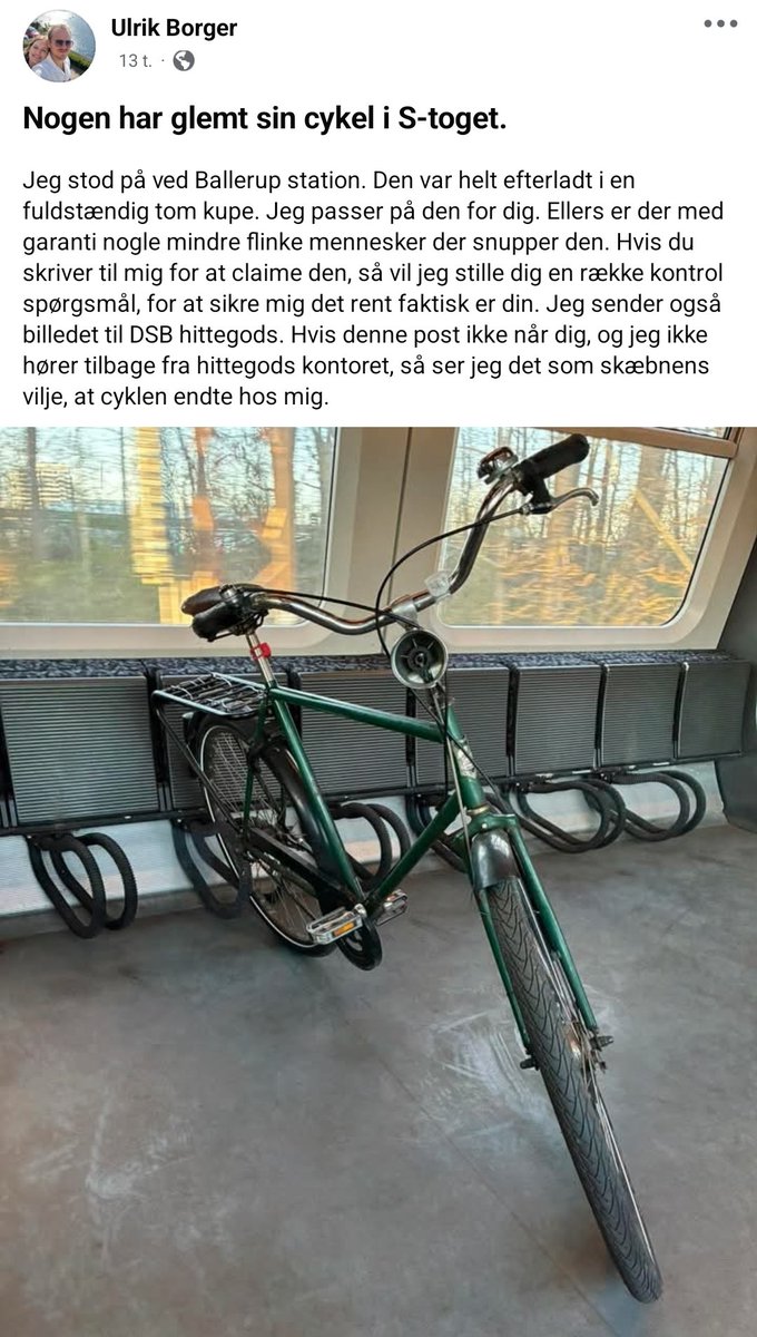 Mangler du din cykel, så kan du jo tage kontakt til cykeltyven. Så vil han kontrollere om det ér din, nu er det nemlig hans 🤪👈🏽

Nogle mennesker ikke... 🤷🏽