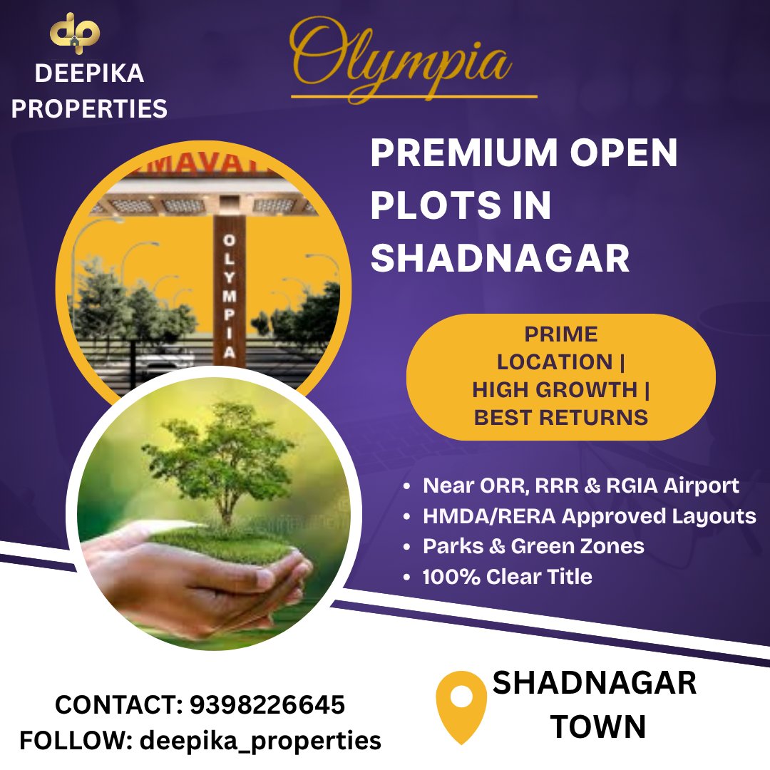DeepikaPro8573's tweet image. 🏡 PREMIUM OPEN PLOTS IN SHADNAGAR – A SMART INVESTMENT CHOICE! 
Step into a future of growth and prosperity with Olympia Premium Open Plots in Shadnagar. 
📞 Contact: 9398226645
📲 Follow: @DeepikaPro8573 
#ShadnagarPlots #OpenPlots #OlympiaPlots #DeepikaProperties