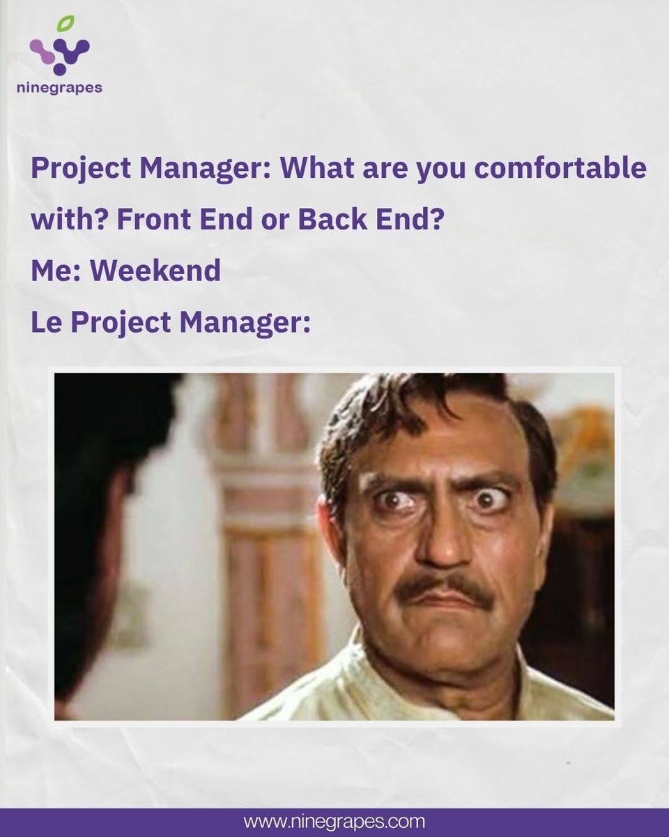 ninegrapesindia's tweet image. When you say “weekend” but the project says “deadline” 😭

Somewhere between front end, back end… and no end 

#WorkLife #ITLife #DeveloperLife #OfficeHumor #Relatable #Ninegrapes #WeekendMood