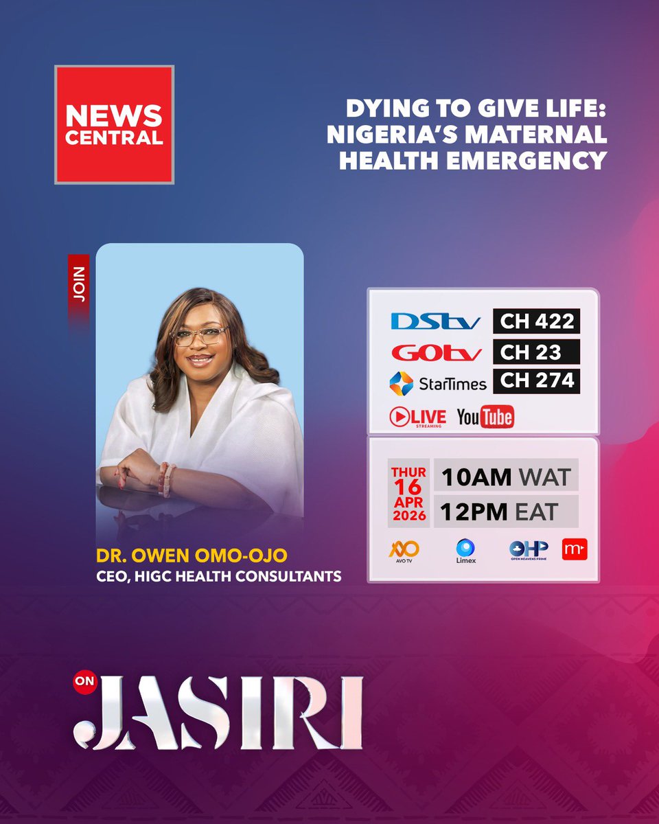 docoweezy's tweet photo. Join me by 10 am today on @NewsCentralTV as I have a chat with the Jasiri ladies about Maternal Health. #sdg3 https://t.co/YdwFJhUPli