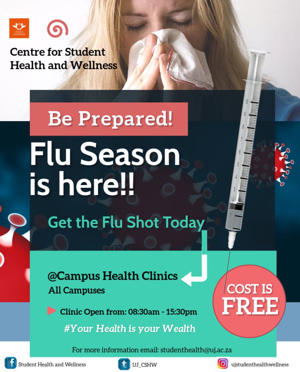 Flu season is here 📷Protect yourself and those around you by getting your FREE flu shot at any Campus Health Clinic 📷 Students welcome📷 Quick and easy process📷 No cost to you. Don’t wait until you’re sick; prevention is better than cure.#FluSeason #stayhealthy #ujwellness