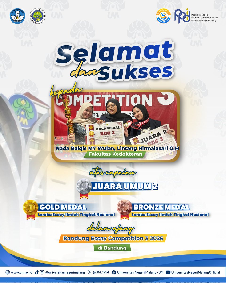 UM_1954's tweet image. #PrestasiUM

Selamat dan sukses kepada para Mahasiswa UM atas capaiannya meraih berbagai prestasi yang luar biasa!👏🏻

Semoga dapat terus menginspirasi dan mengharumkan nama kampus tercinta✨

#UM
#universitasnegerimalang
#ExcellenceInLearningInnovation
#KampusUnggulan
