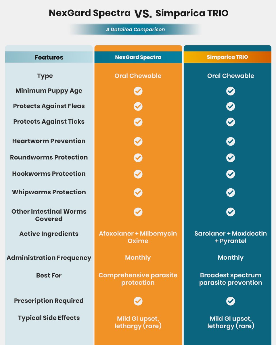 DiscountPetMart's tweet photo. NexGard Spectra vs Simparica Trio 🐶
Which is better for your dog?
✔ Fleas &amp; ticks
✔ Heartworm prevention
✔ Monthly chew

Compare &amp; choose wisely 👉 https://t.co/z5QMU9XXaO
#DogCare #PetHealth #FleaTick #Heartworm #PetParents https://t.co/iqvH9qrRYK