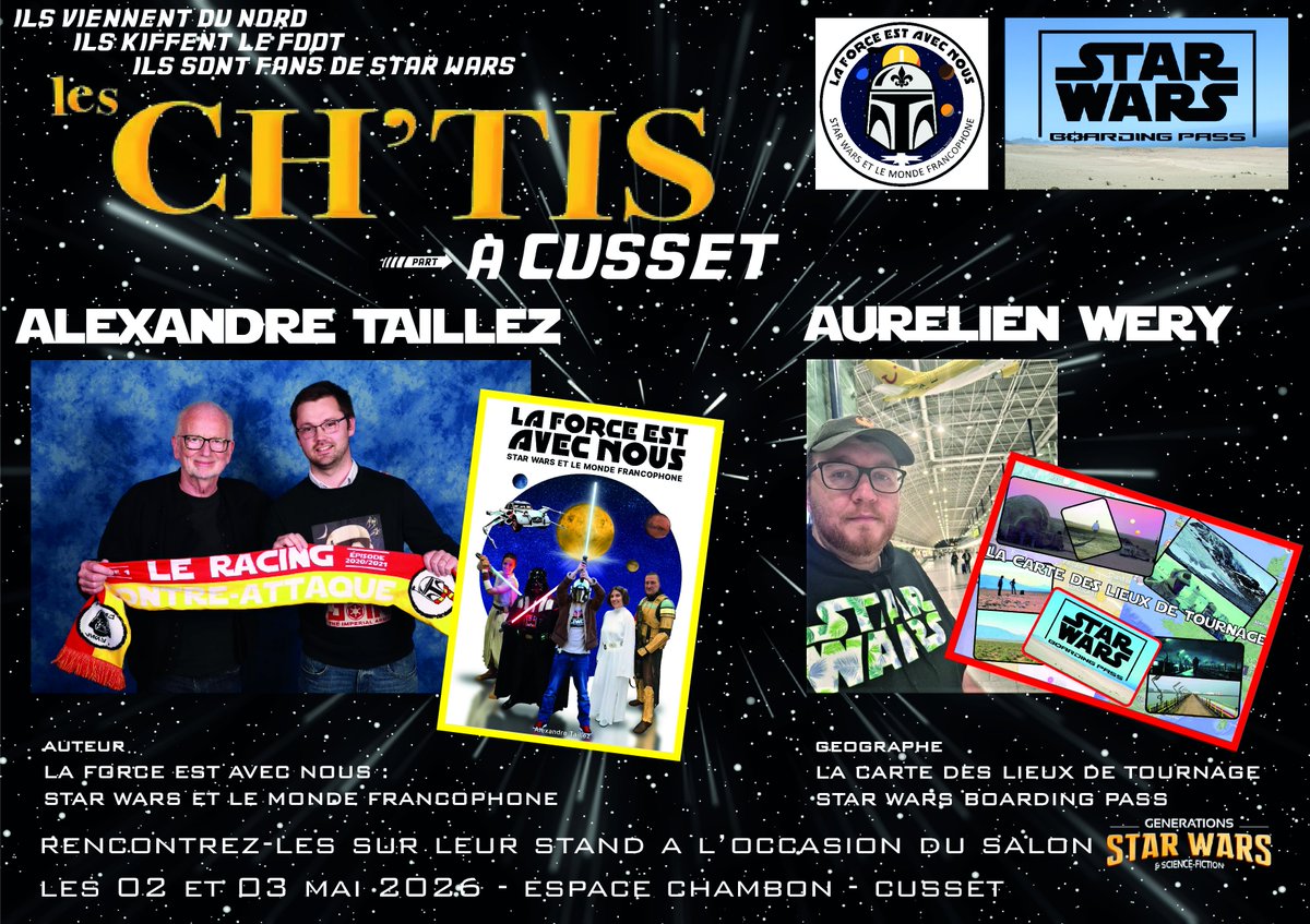 SWboardingpass's tweet photo. [LES CH'TIS A CUSSET] @A_Taillez  et moi même serons présents sur un stand du salon Générations SW et SF les 02 et 03 Mai prochain à Cusset (03) !
L'occasion pour nous de vous retrouver, d'échanger et aussi de partager avec vous l'enthousiasme légendaire des gens du Nord ! https://t.co/ChIPqOeoEB