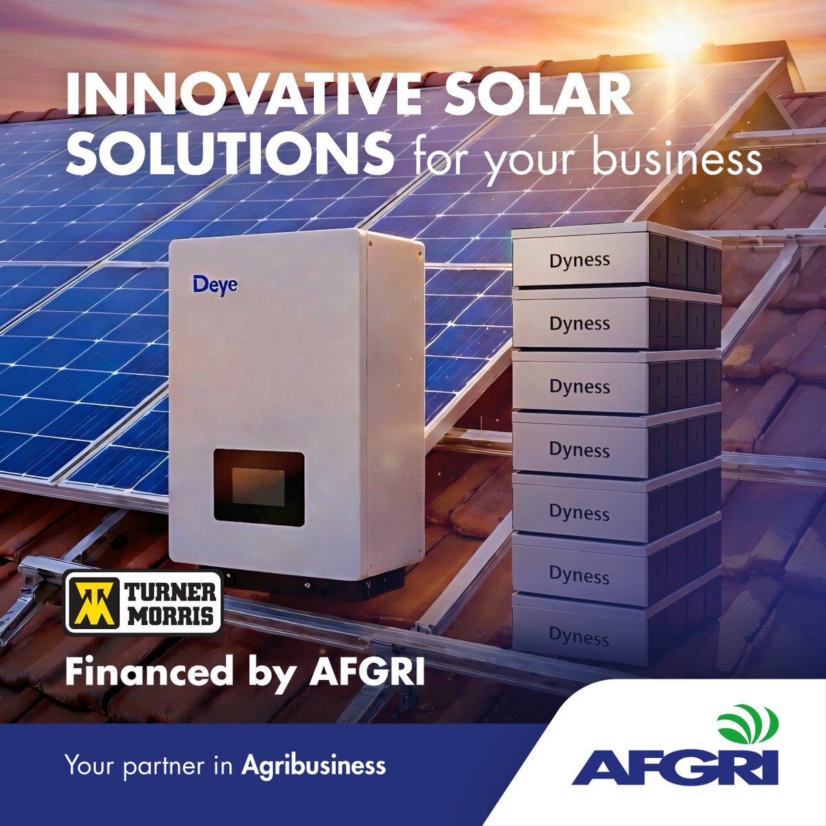 AFGRI1's tweet photo. Power your business with smarter energy solutions. 
AFGRI has teamed up with Turner Morris to bring you innovative solar solutions designed to keep your operations running efficiently — while reducing energy costs.

Even better? These solutions can be financed through AFGRI, making it easier than ever to invest in a more sustainable future without the upfront burden.

Reliable power | Cost-saving efficiency | Sustainable energy

For more information, contact your nearest AFGRI Retail branch today and take the next step towards energy independence.

#AFGRI 
#Retail
#SolarSolutions 
#SustainableFarming 
#EnergyEfficiency