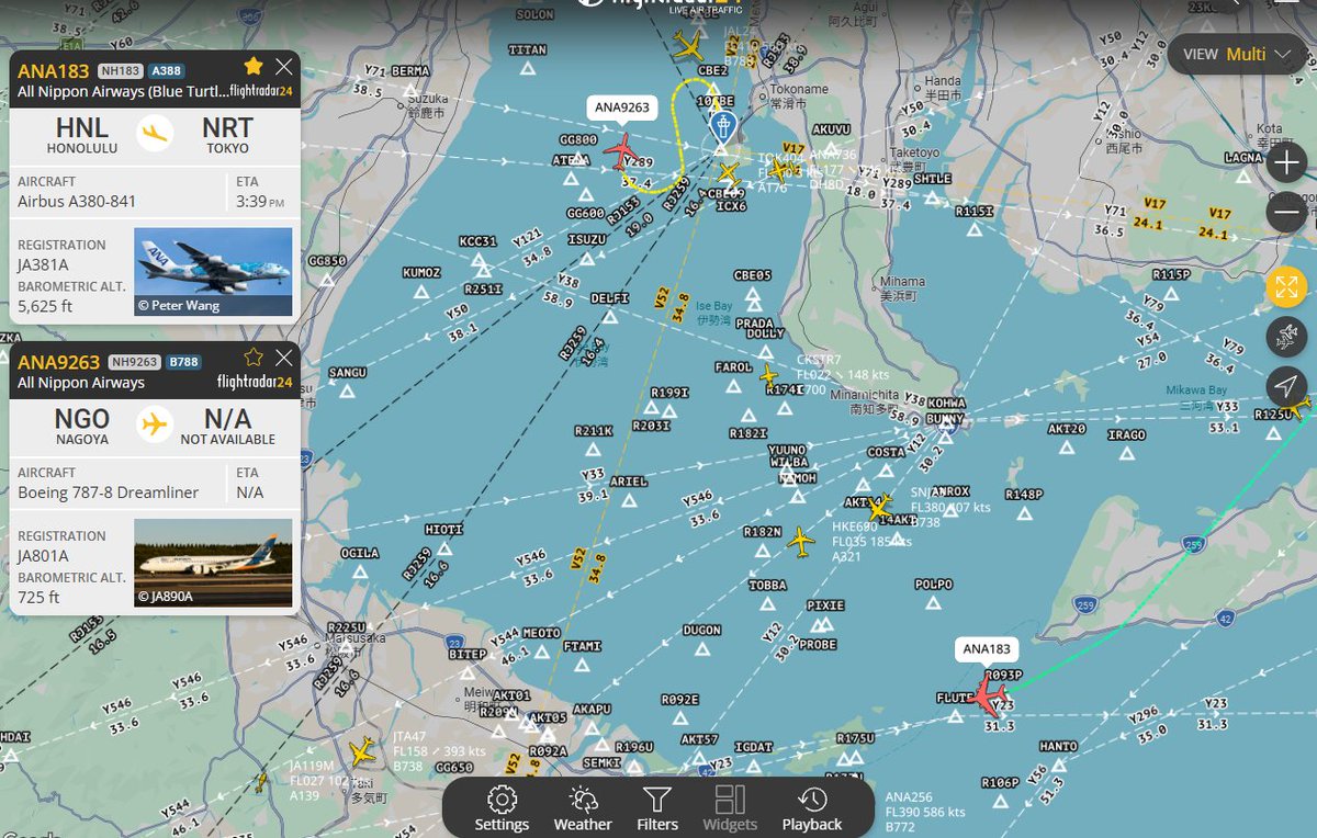 wolfpack880's tweet photo. 間もなく中部空港に着陸予定の ANA のA380 フライングホヌ 空港の沖合にはエアジャパン塗装のB787 中部空港では相当レアな画なはず・・。 #フライングホヌ #NH183 #中部空港 https://t.co/5HfrsRZXSd