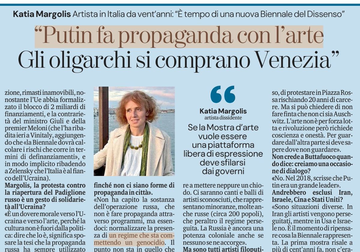 Oggi LaStampa ci spieka che, Israele che ha davvero commesso un genocidio può serenamente partecipare alla Biennale, mentre per estromettere la Russia basta inventarsi genocidi inesistenti sostenendo che l'arte russa è una forma di propaganda.

#RassegneStampaDalRincoglionitico