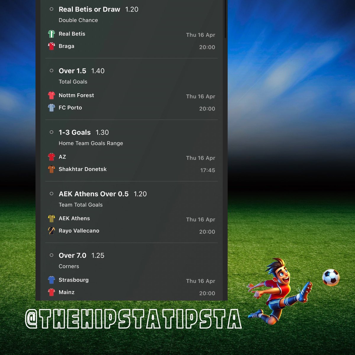 ⚽️ THURSDAY TIPS ⚽️ 

-  Europa Acca 🔥 

Make sure to join the FREE Telegram group for more 😎 👇

t.me/+I1TbUc9yWmxiM…
