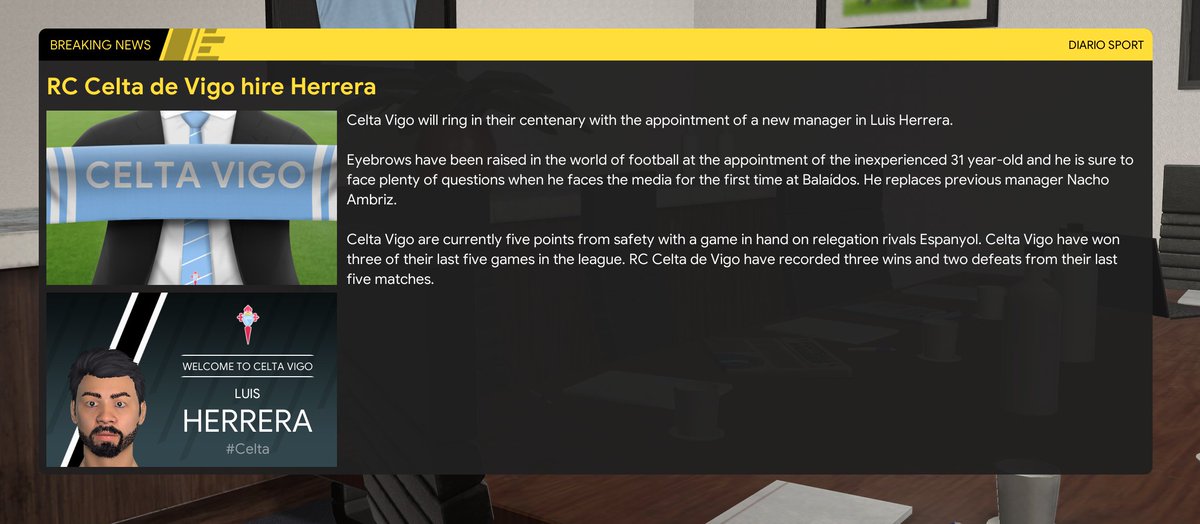 FmCatenaccio's tweet image. Project Save Celta started yesterday 🇪🇸⚽️

Standard procedure, holiday until Christmas and take over a team who's sitting rock bottom. 

Objective for 2023/24 - 
Save the club from relegation 🎯

#FM24