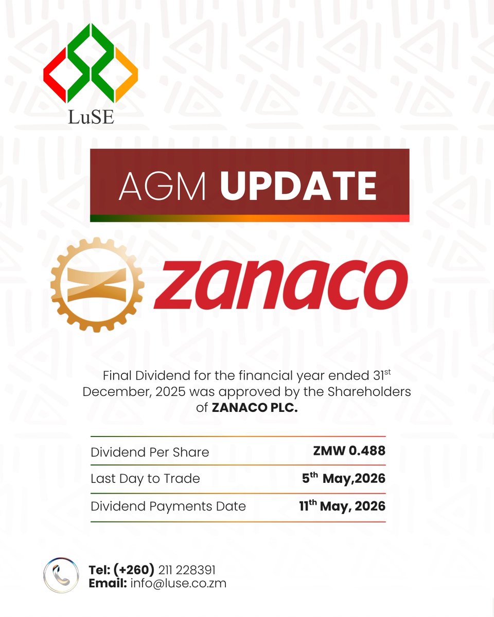 LuSE_Plc's tweet image. 📢 Zanaco shareholders approved a Final Dividend of K0.488/share for FY2025. 
Last day to trade: 5 May 2026 
Record date: 8 May 2026
Payment: 11 May 2026. 

Update your bank details with Corpserve: info@corpservezambia.com.zm
Full notice - luse.co.zm/sens-category/… 
#LuSE #Zanaco