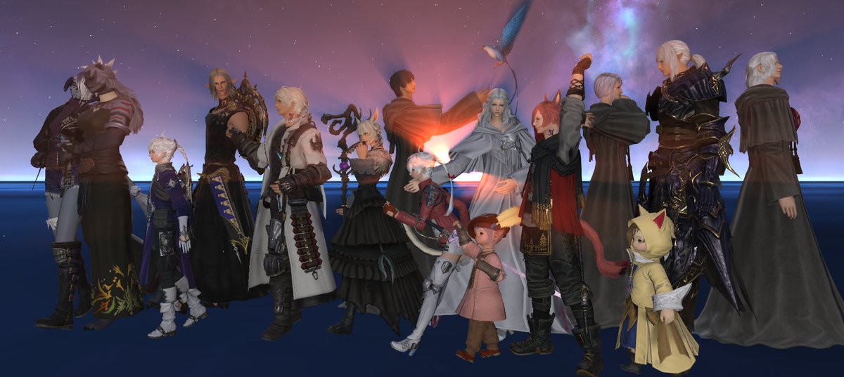 DrCreatio's tweet photo. I am so extremely proud of this. Took me around two hours to just pose everyone and figure out the right camera angles and positions.

Behold, that one amazing art from the end of Endwalker. Recreated with my girls included! https://t.co/QvFY9P4lp3