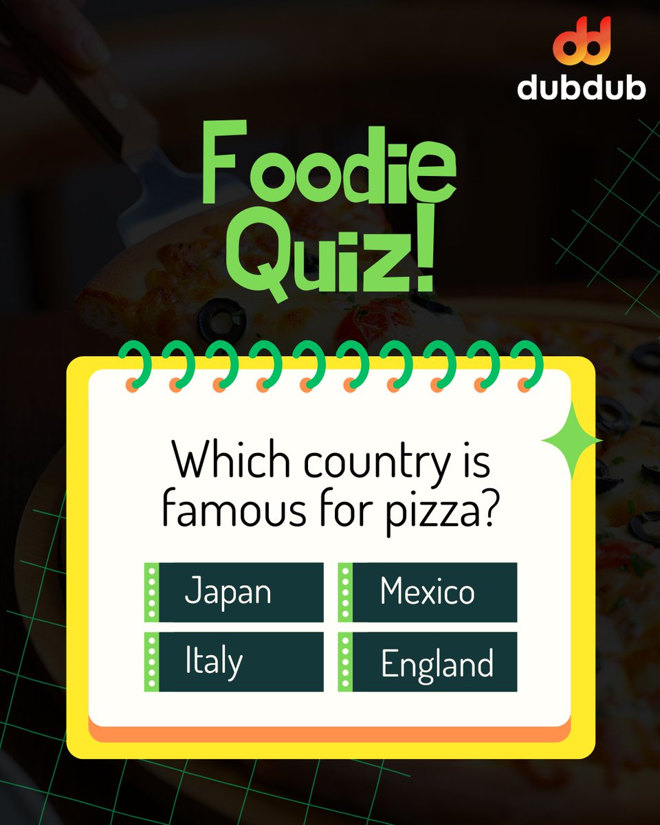 Dubdub_App's tweet photo. Calling Pizza lovers!

Can you get this right? ]

Comment if you know the answer!

#gkquestions #dubdub #playandwin #quiz #gamingapp https://t.co/d3WeW9J1p8