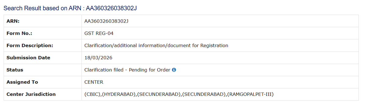 rsbsgl's tweet photo. @Infosys_GSTN @nsitharaman @GST_Council 
New GST Registration applied on 18/03/2026 vide ARN No. AA360326038302J, Query raised on 01/04/2026, replied to the Query with the required additional information and documents on 09/04/2026. But there is no update yet. Kindly help! https://t.co/8odfJV4zda