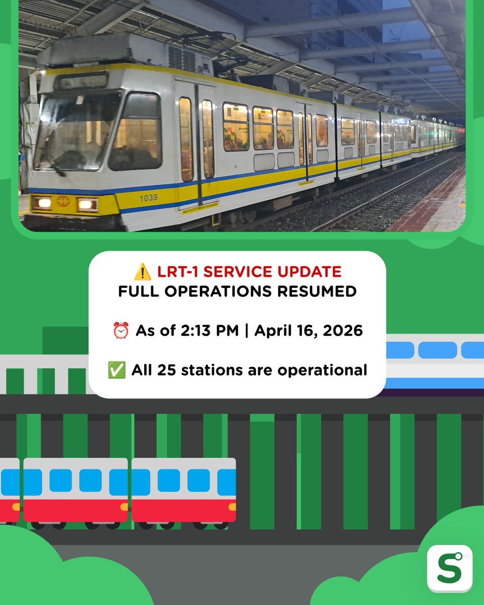 sakayph's tweet photo. As of 2:13 PM (April 16, 2026), fully operational na ulit ang LRT-1 mula Dr. Santos Station hanggang Fernando Poe Jr. (FPJ) Station (vice versa). 🚆

📲 Maaari nang i-check ang https://t.co/DL565imgBq para sa updated routes at mas maayos na biyahe. https://t.co/XCvZvxq6T3