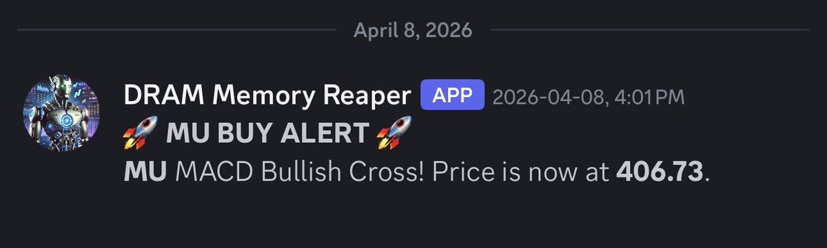 🔔 $MU — MACD Bullish Cross detected!

DRAM Memory Reaper algo just flagged Micron at $406.73 📊

🚀 OVERNIGHT UPDATE: Already UP 12.2%! $MU trading at $456.23 🔥
+$49.50 per share since the alert and the exit signal hasn't even fired yet 👀

MACD crossovers on the semis have