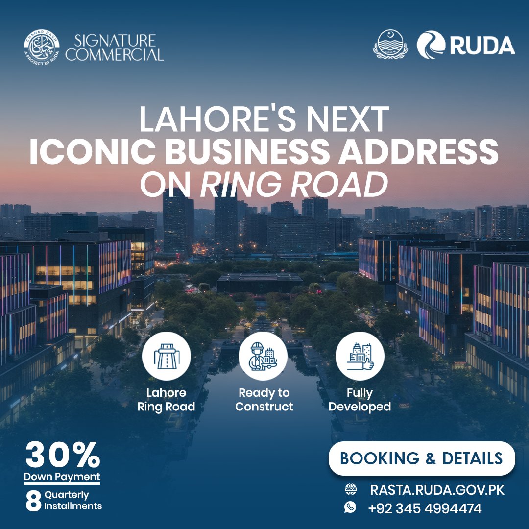 Signature Commercial offers premium water-canal-front plots in a fully developed hub perfect for businesses &amp; brands.

• PKR 8M/marla
• 30% down payment
• 2-year plan | 10% upfront discount

Apply online at rasta.ruda.gov.pk

#RaviCity #ChaharBagh