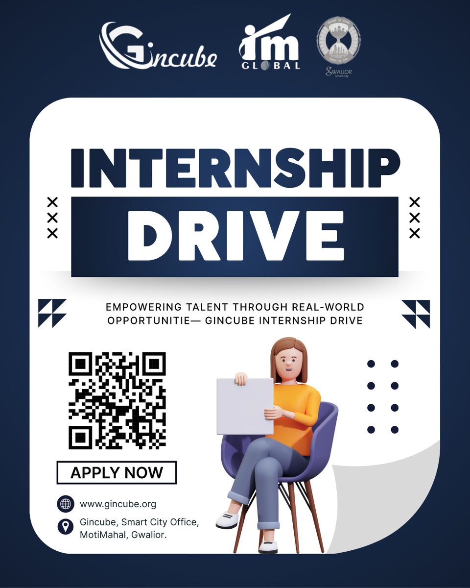 Ready to gain real-world experience? 

Join the Internship Drive by Gincube and unlock new opportunities!

👉 Apply now via QR code!

#Internship #Gincube #CareerStart #ApplyNow #StartupIndia #Opportunities #smartcitygwalior #imglobal #incubationmasters #gwalior