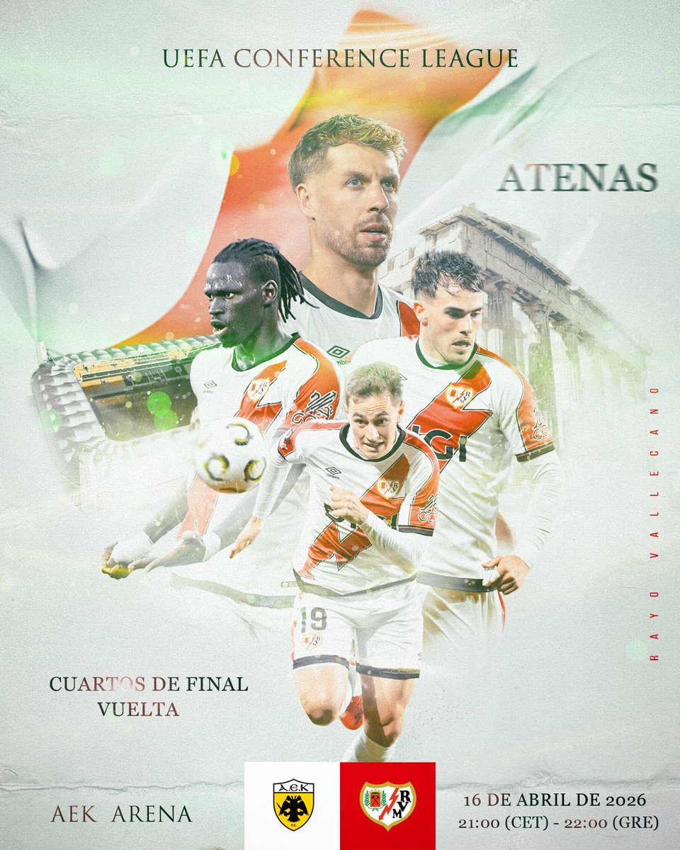 ⚡️ ¡𝗔 𝗣𝗢𝗥 𝗘𝗟 𝗣𝗔𝗦𝗘 𝗔 𝗦𝗘𝗠𝗜𝗙𝗜𝗡𝗔𝗟𝗘𝗦!
🏆 <a href="/Conf_League/">UEFA Conference League</a> 
🆚 <a href="/AEK_FC_OFFICIAL/">AEK F.C.</a>
🏟️ AEK Arena
🕘 22:00 hora local - 21:00 CET
#AEKFCRayo #UECL