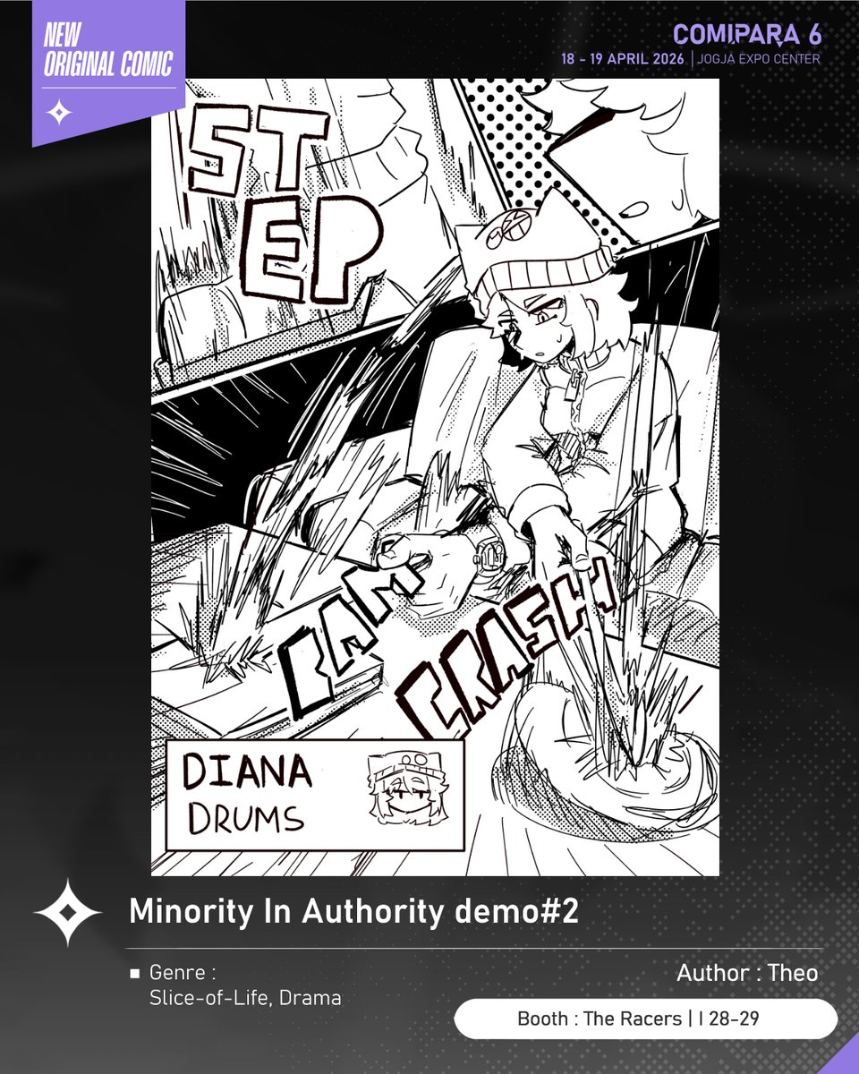 comipara_id's tweet photo. [COMIC RAID]
Author: Theo
Booth: I 28-29  -  The Racers

Kali ini ada komik baru karya Kak Theo, berjudul "Minority In Authority demo#2" yang akan dijual di Comipara 6 besok lho!

Sampai ketemu di venue! ✨

Comipara 6
18-19 April 2026
Jogja Expo Center

#comicraid6 https://t.co/doL9YqoNFz