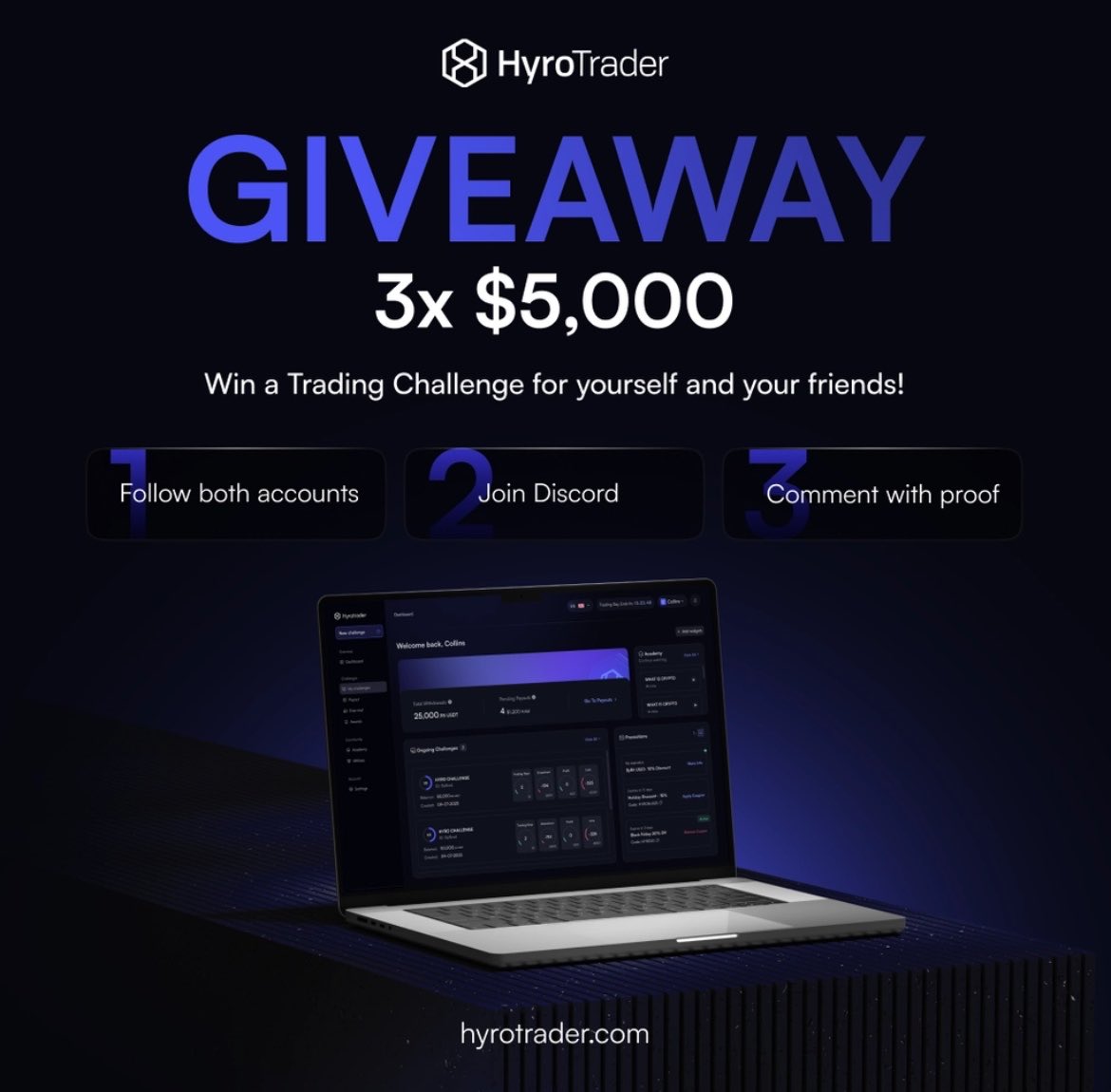 KomeTrades's tweet photo. A lot of you have been looking into HyroTrader, so we decided to do a proper giveaway.

We’re giving away 3x $5,000 challenges.

Follow the steps to Enter✅

1️⃣Follow: @hyrotrader_com @KomeTrades, ✅

2️⃣Join the Discord : https://t.co/RfcpuXAZGn ✅

3️⃣ Comment below with proof that you joined ✅