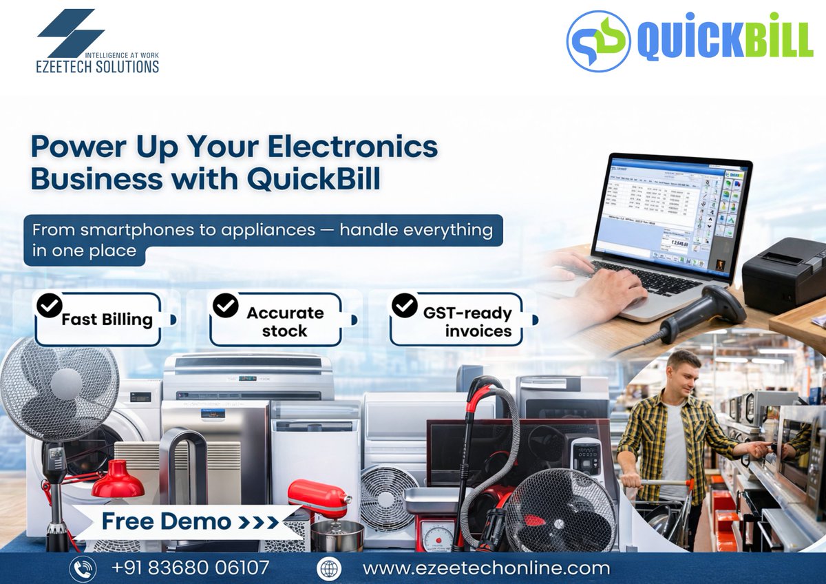 ezeetechonline1's tweet photo. ⚡ Smart Billing for Electronics Stores..
Book Free Demo ...
📞+91 83680 06107
#QuickBill #electronicsstore #mobileshop #billingsoftware #RetailBusiness #GSTBillingSoftware #SmartBusiness #InventoryManagement #DigitalIndia #businessgrowth #retailer #Wholesalers #EzeetechSolutions https://t.co/Tuah9fDe1g