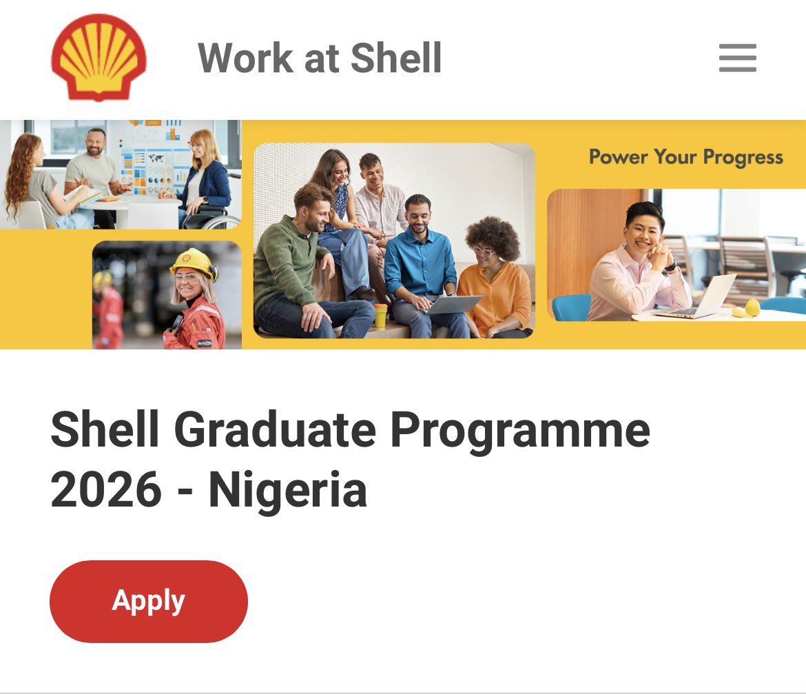 Shell Graduate Trainee Programme 2026

Join us as a Graduate at Shell in Nigeria, where you will embark on a comprehensive 3-year programme designed to develop future leaders.

Deadline: April 25, 2026

Apply here 👇
shell.wd3.myworkdayjobs.com/en-GB/shellcar…