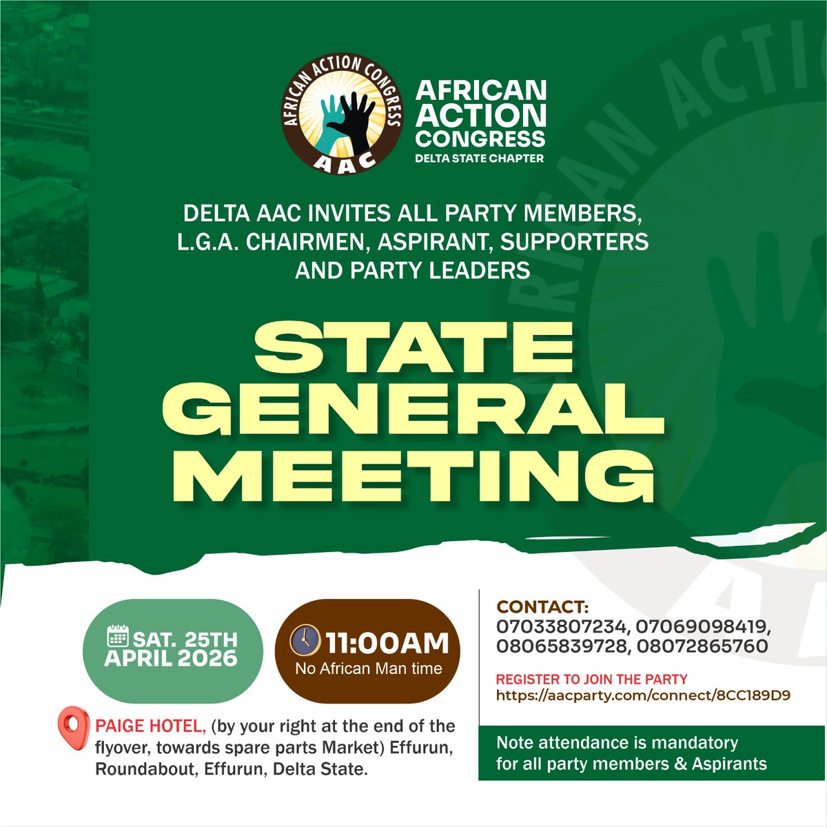 Princemaxogor's tweet photo. AAC DELTA STATE  GENERAL MEETING
Intending Aspirants, LGA Chairmen &amp; Party member 
Preparation For The Forth Coming primaries and Membership drive

 Date: Sat, 25th April 2026
11:am
 @  Paige Hotel, (By your right at the end of the flyer-over towards spare parts) Effurn Delta. https://t.co/QGIGiSoN2q