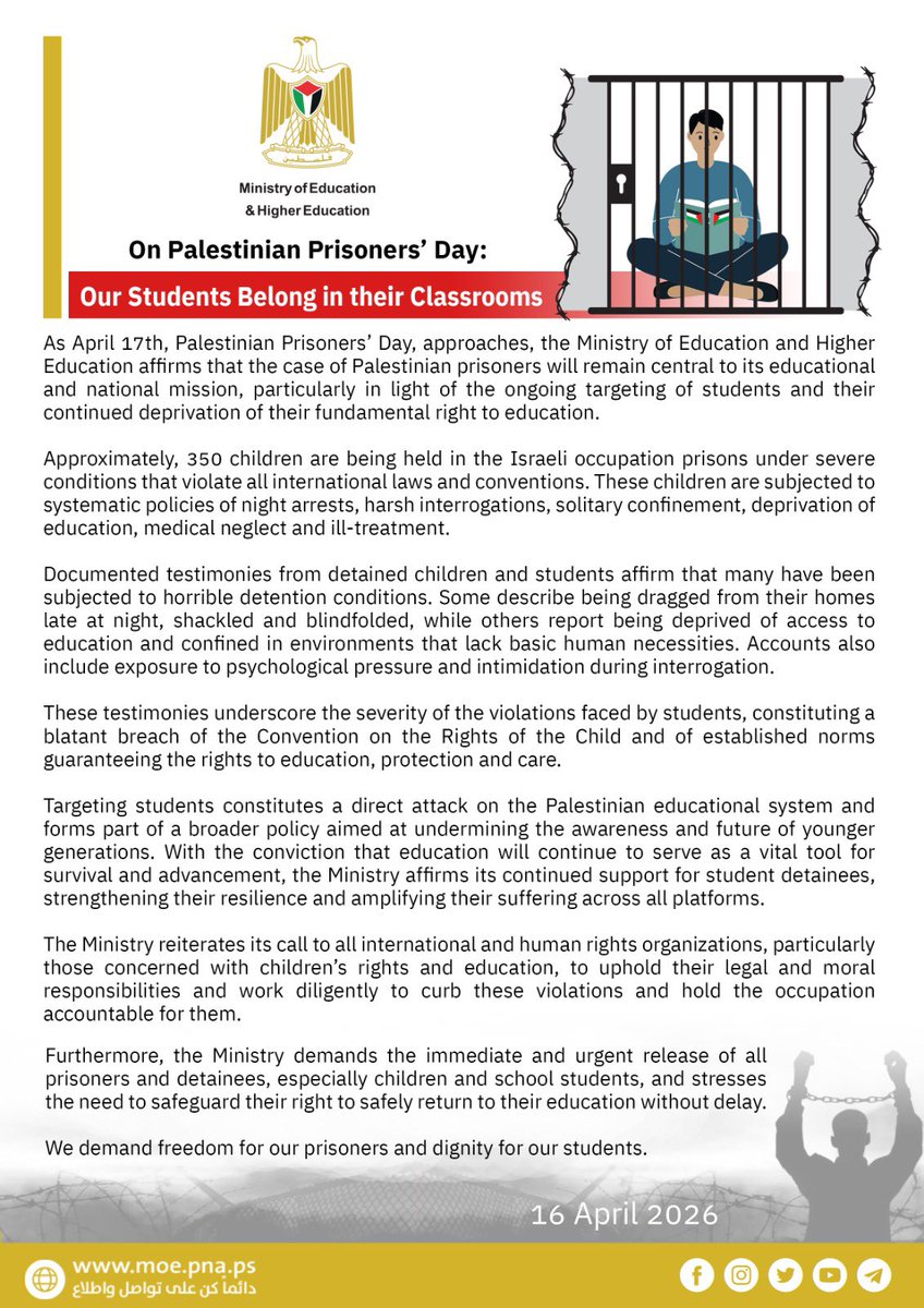 PalestineMoE's tweet image. 🔴 Free our children and students from the #IsraeliOccupation prisons, and bring them back where they belong - in their classrooms!
#PalestinianPrisonersDay ⛓️✌️
#PalEduMin 🇵🇸