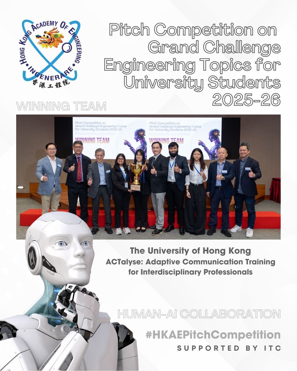 HKAE1994's tweet photo. We are pleased to announce the winners of the Pitch Competition 25-26, themed Human-AI Collaboration. 

Following a structured judging process and team presentations, 2 teams were selected for recognition- HKU as the Winning Team &amp; HKUST as the Outstanding Team! Congratulations! https://t.co/ptltN86K0Y