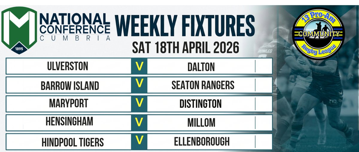 Ste_BeechRL's tweet image. Catch the thrilling matches on April 18th, 2026: Ulverston vs Dalton, Barrow Island vs Seaton Rangers, Maryport vs Distington, Hensingham vs Millom, Hindpool Tigers vs Ellenborough. #Football #MatchDay #SportsEvent