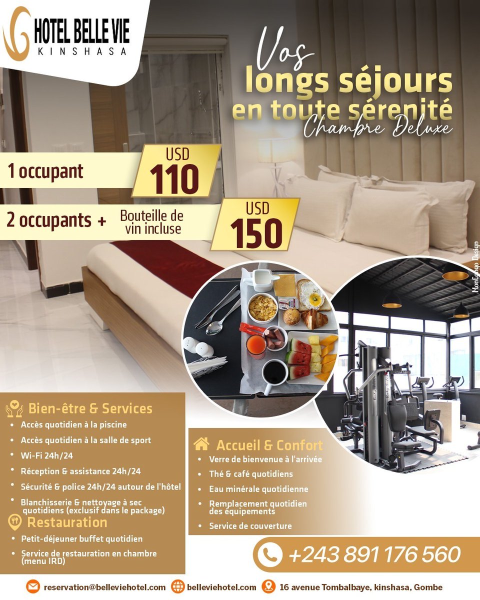 Séjour longue durée à Kinshasa ?

Chambre Deluxe à l’Hôtel Belle Vie – confort, services complets et emplacement idéal à Gombe.

Dès 110 USD | Séjour min. 15 jours
+243 891 176 560