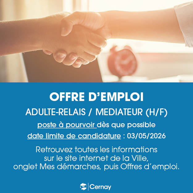 VilledeCernay's tweet image. La ville de Cernay recherche un ADULTE-RELAIS / MEDIATEUR (H/F). Retrouvez l'offre complète sur le site de la ville : ville-cernay.fr/Mes-demarches/… #cernay #mediateur #offredemploi